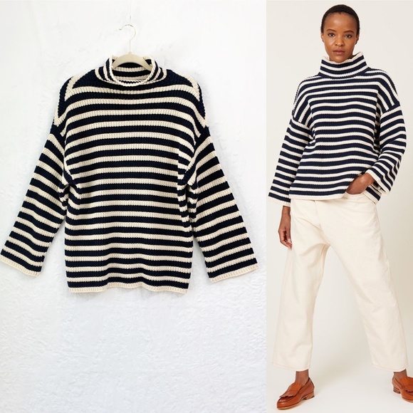 Demylee  Olyvia Stripe Turtleneck Chunky Sweater in Navy/Neutral Sz S - Picture 1 of 9